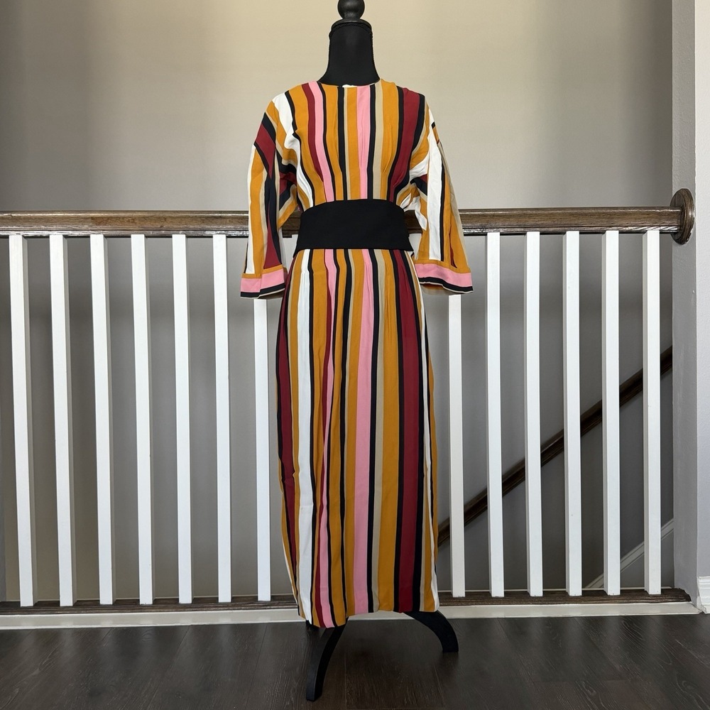 Zara Women Studio NWT Striped Belted Midi Dress Medium Career Office‎ Retro 70s